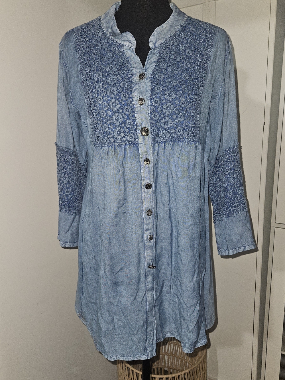 Parsley & Sage Light Blue Embroidered Denim-Style Girls Dress